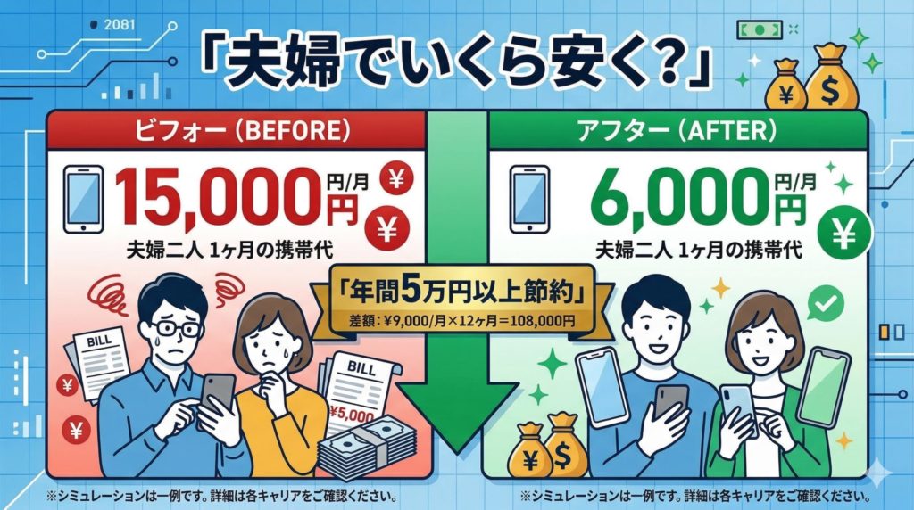 大手キャリアからUQモバイルにすると、どれほど固定費削減ができるかサンプル図を作成しました